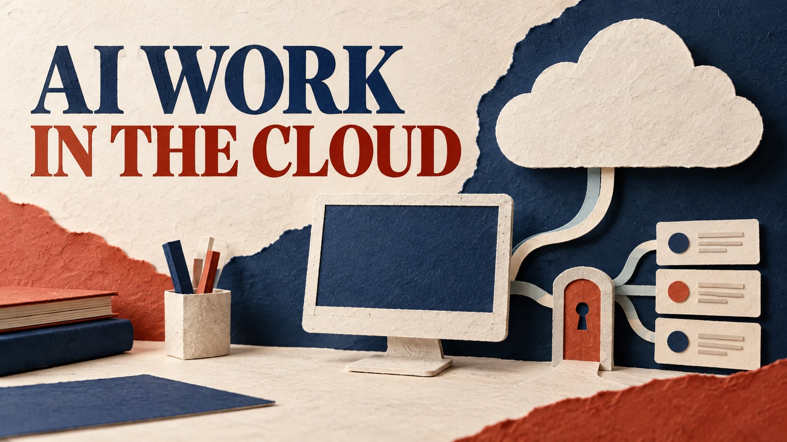 Conceptual paper collage of a cloud-connected computer and a permission gate.