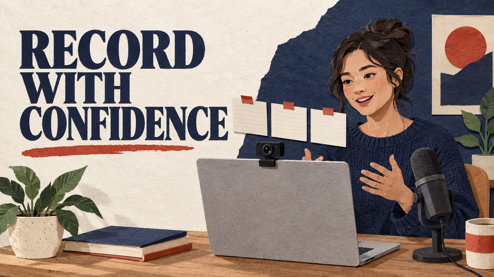 Conceptual paper collage of an illustrated creator, laptop camera, cue cards and microphone under “RECORD WITH CONFIDENCE”.