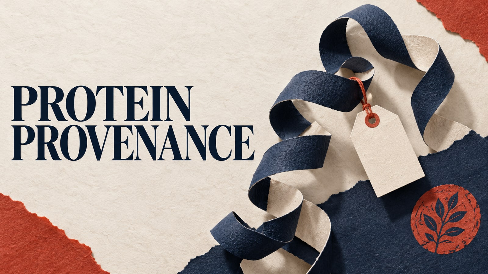 Conceptual paper protein ribbon with a blank provenance tag and the headline “PROTEIN PROVENANCE”.