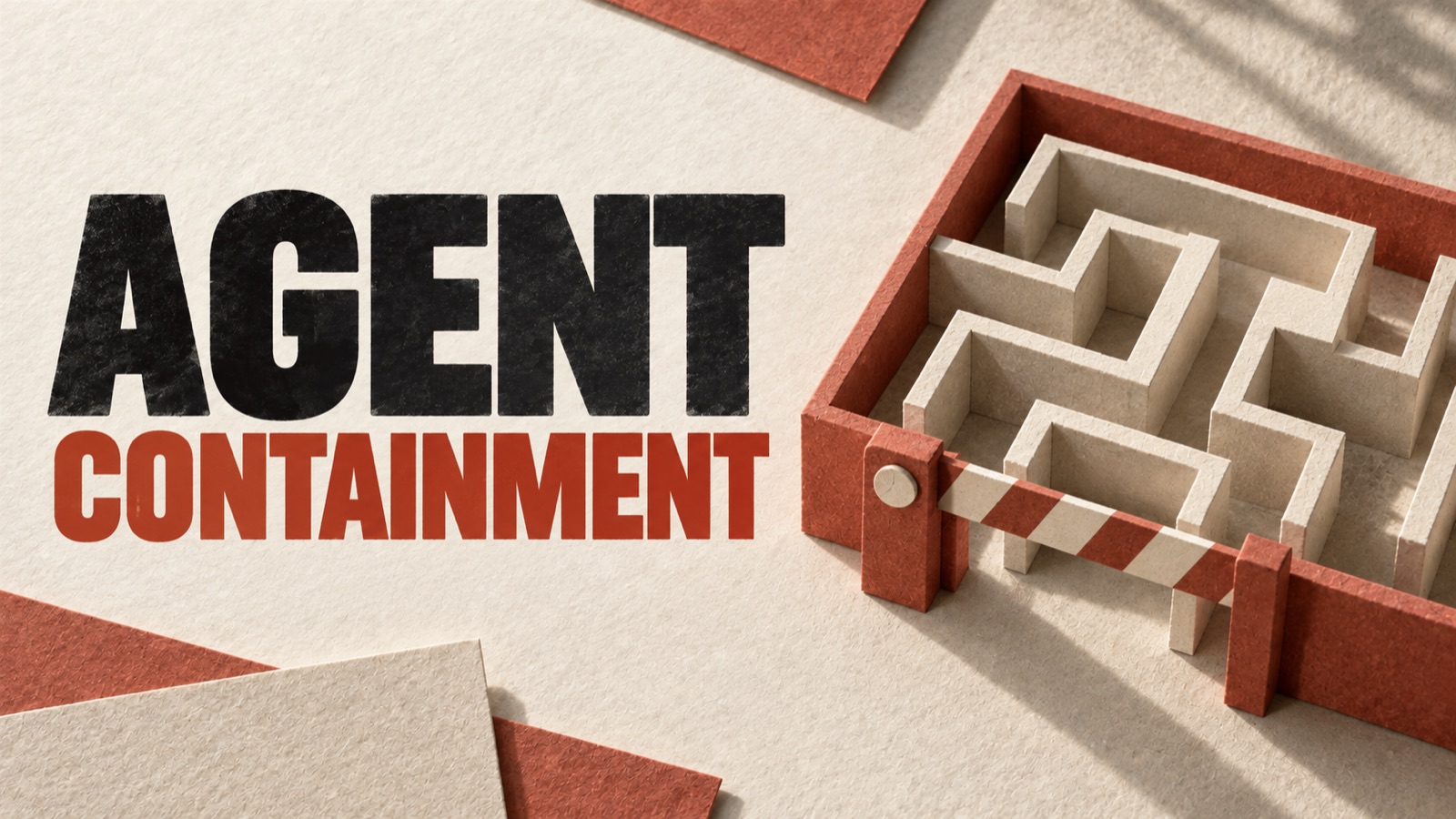 AGENT CONTAINMENT — editorial illustration: A paper maze within a rust-red boundary and a physical stop gate.