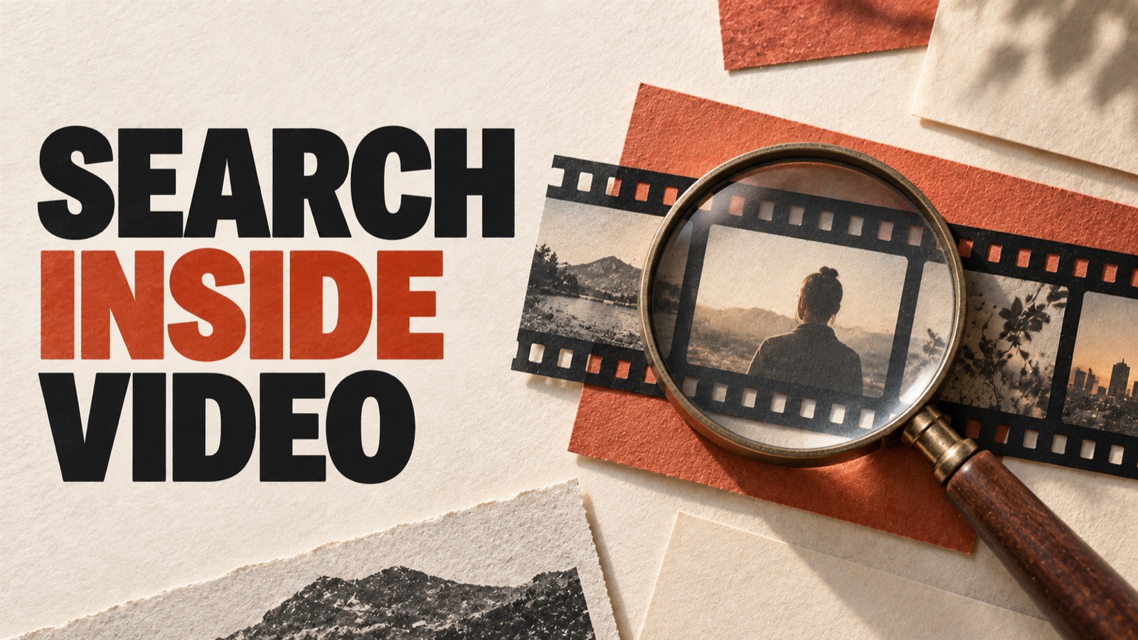 SEARCH INSIDE VIDEO — editorial illustration: A magnifying glass over a strip of film frames.