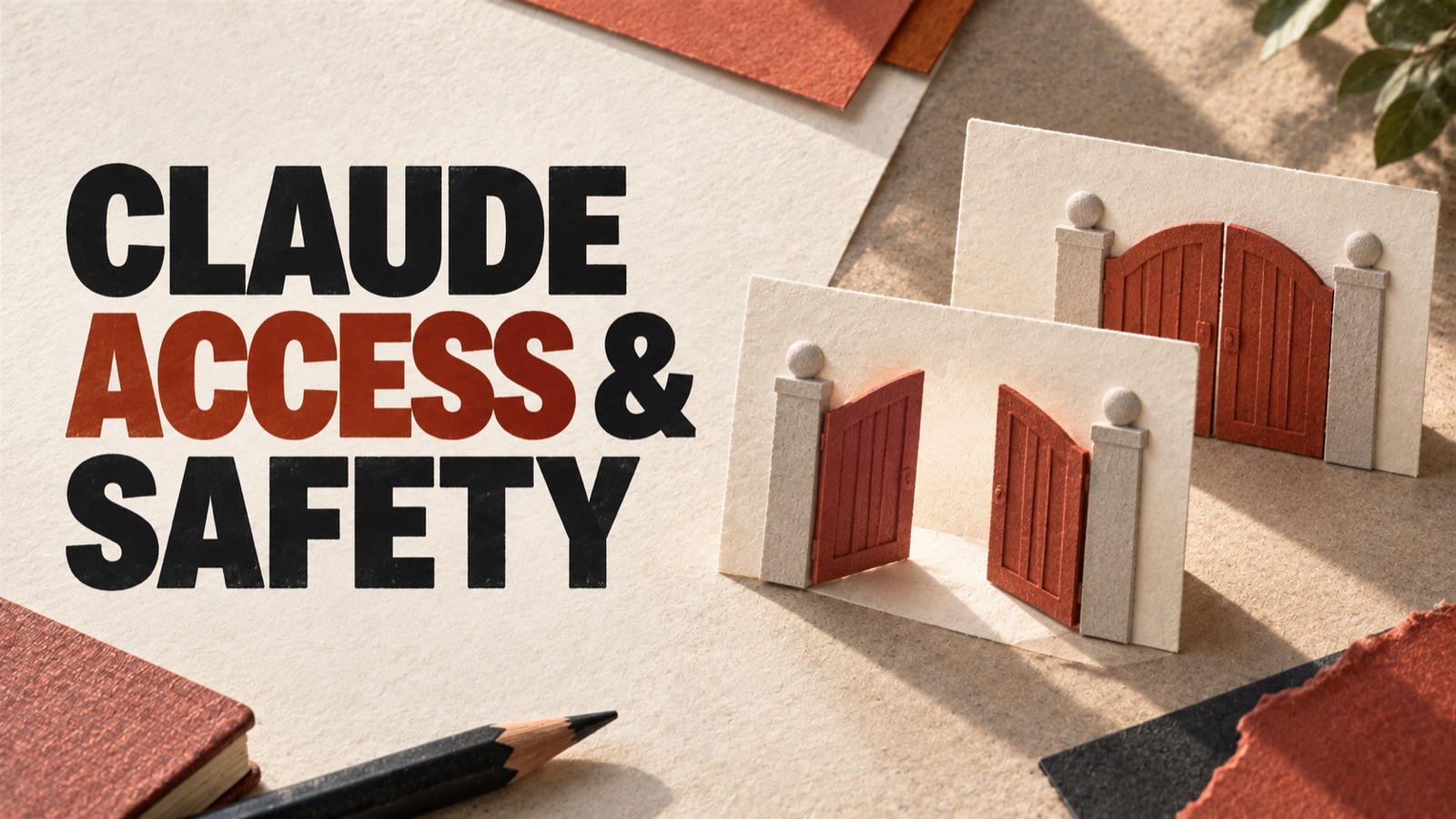 CLAUDE ACCESS & SAFETY — editorial illustration: Two cream index cards with differently opened rust-red gates.