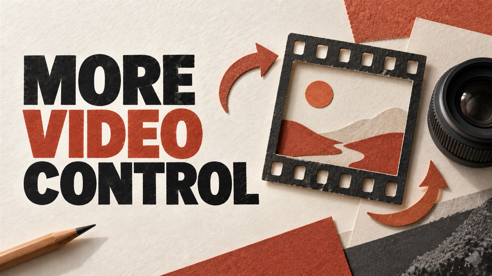 MORE VIDEO CONTROL — editorial illustration: A paper film frame, direction arrows and a small camera lens.