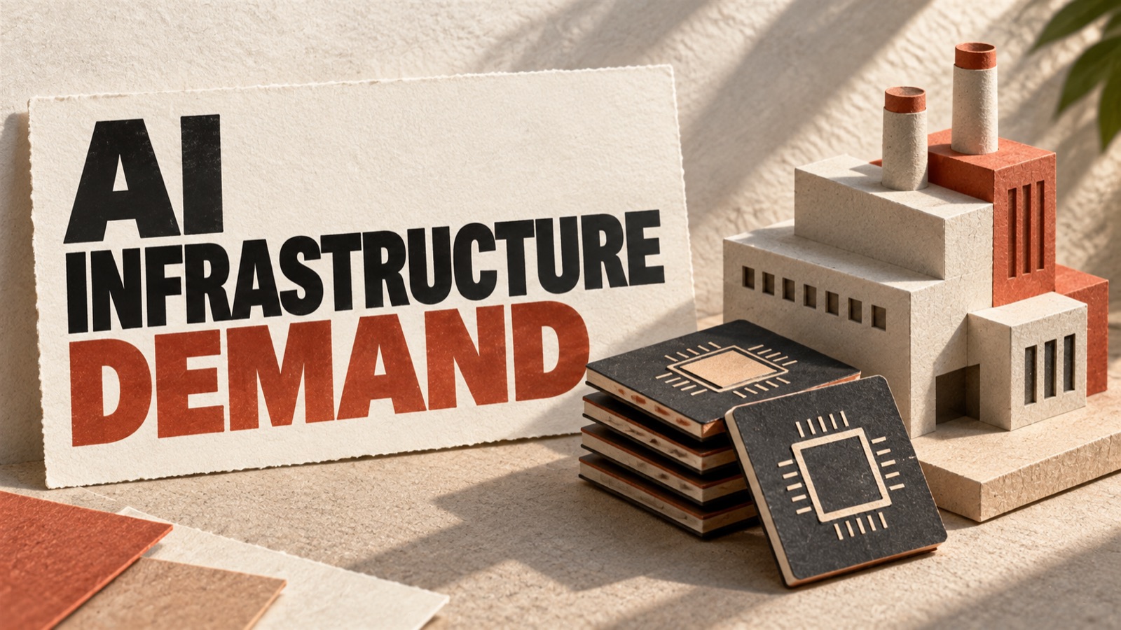 AI INFRASTRUCTURE DEMAND — editorial illustration: A stack of tactile chip tiles and a small factory-like block structure.