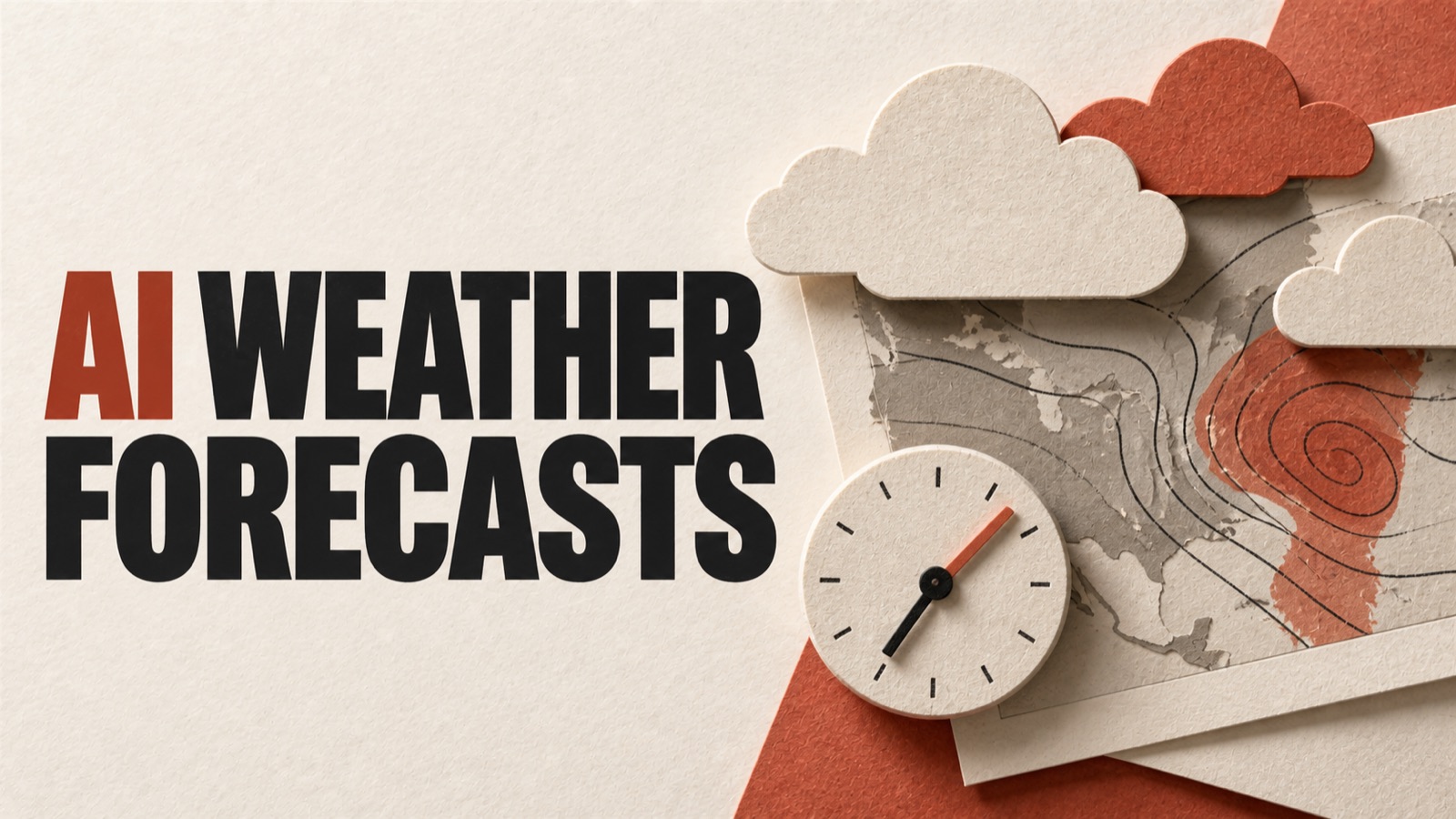 AI WEATHER FORECASTS — editorial illustration: Paper clouds, a weather map texture and a small clock dial.