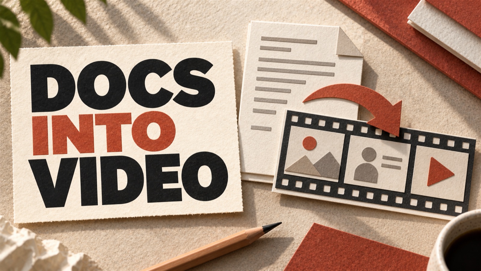 DOCS INTO VIDEO — editorial illustration: A cream document card turning into a film storyboard.