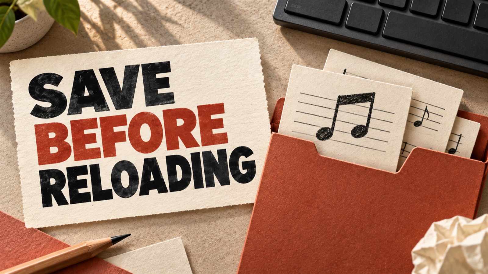 SAVE BEFORE RELOADING — editorial illustration: Music-note paper cards tucked safely into a folder beside a keyboard corner.