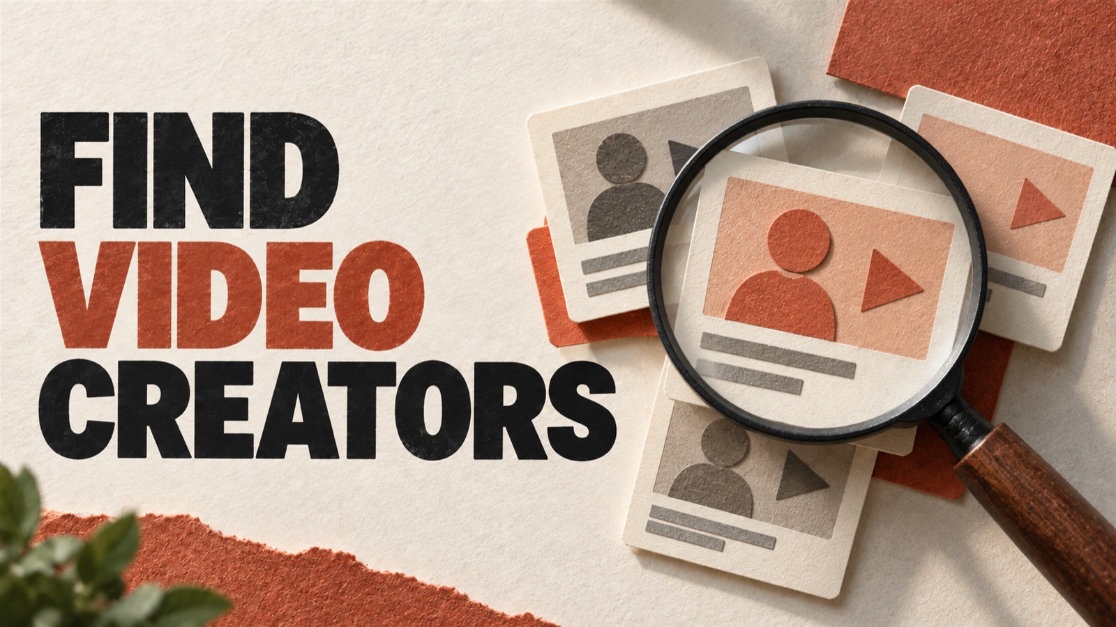 FIND VIDEO CREATORS — editorial illustration: A magnifying glass over a small stack of abstract creator video cards.