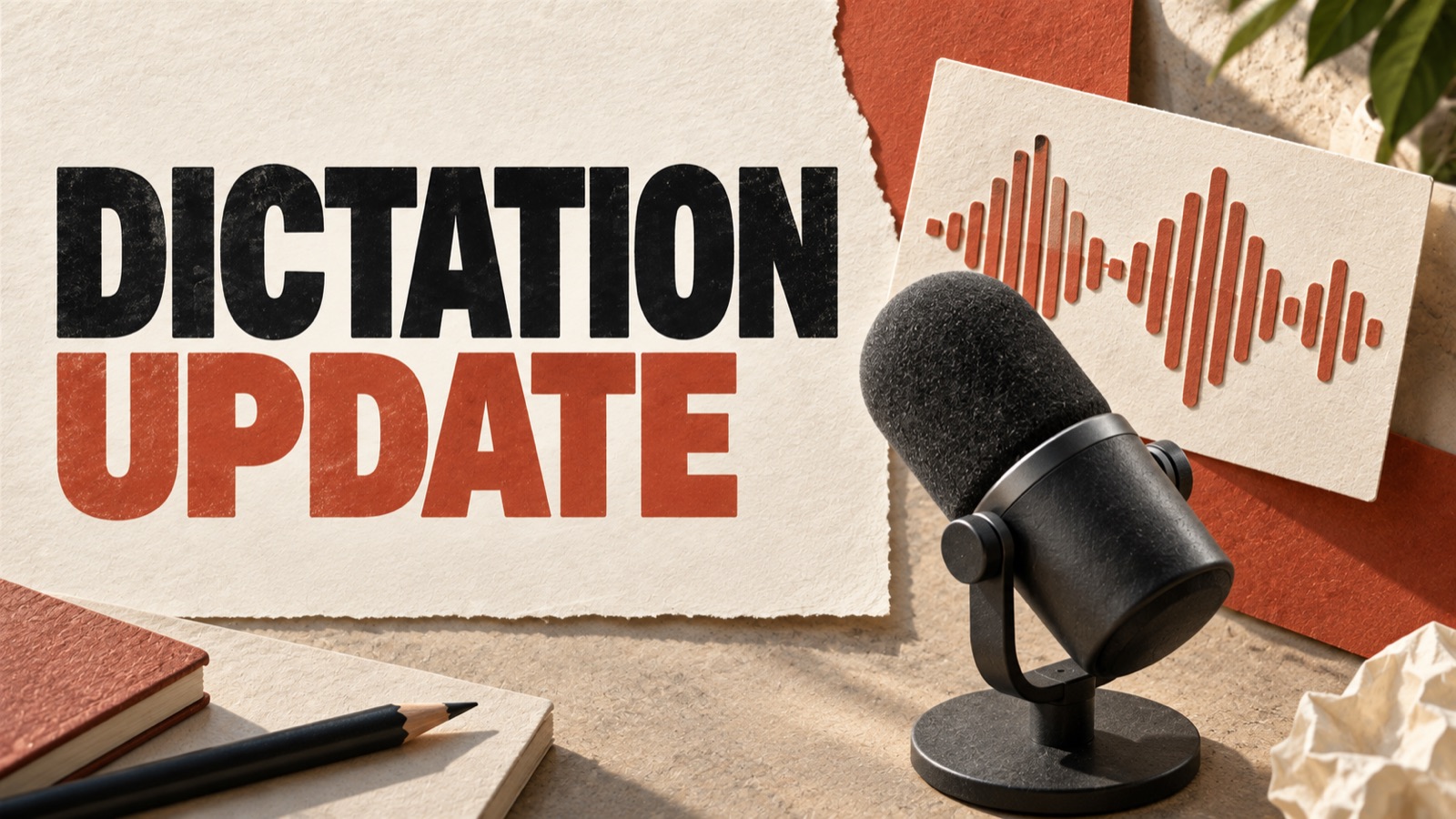 DICTATION UPDATE — editorial illustration: A tabletop microphone and high-contrast paper waveform.
