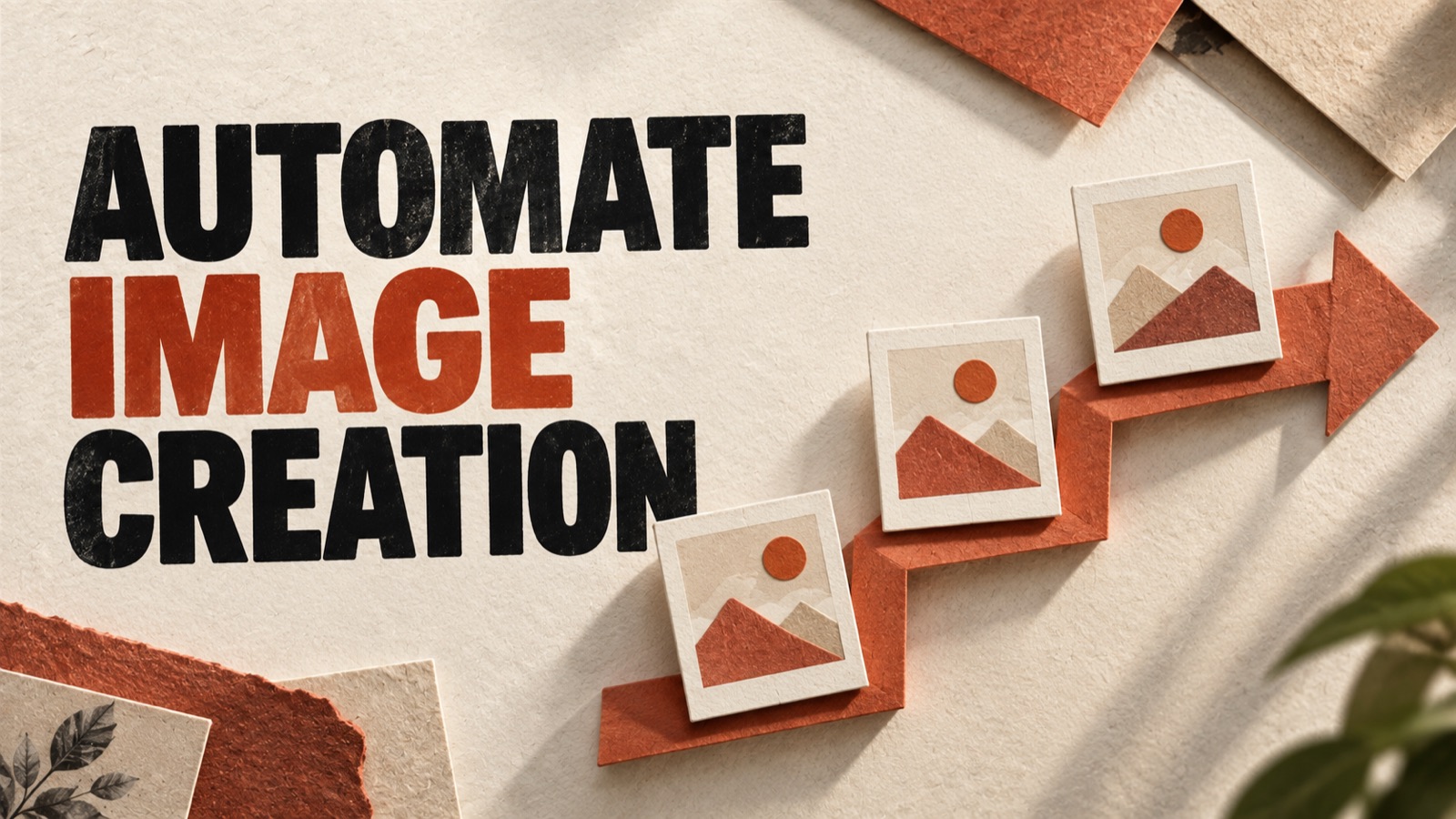 AUTOMATE IMAGE CREATION — editorial illustration: Small picture cards moving along paper arrow steps.